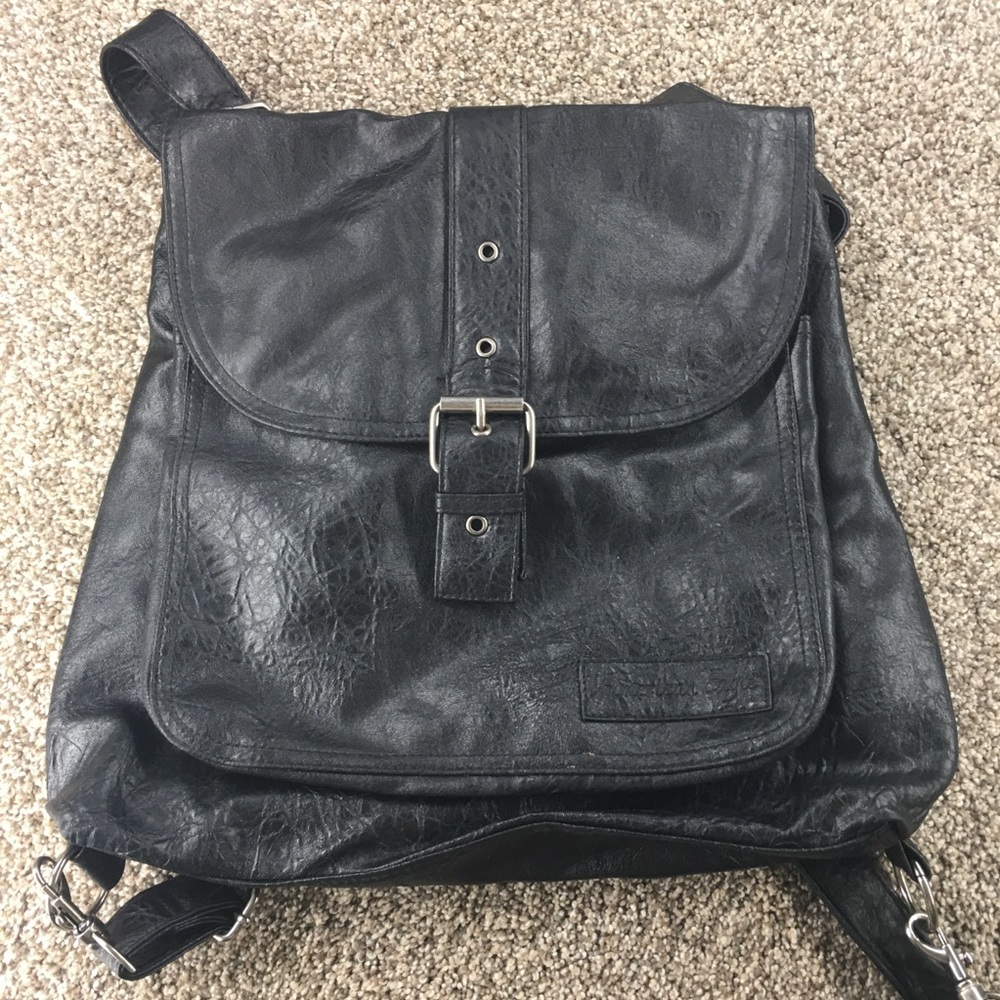 American Eagle Black Faux Leather Adjustable Strap Backpack Purse Bag Snap Front